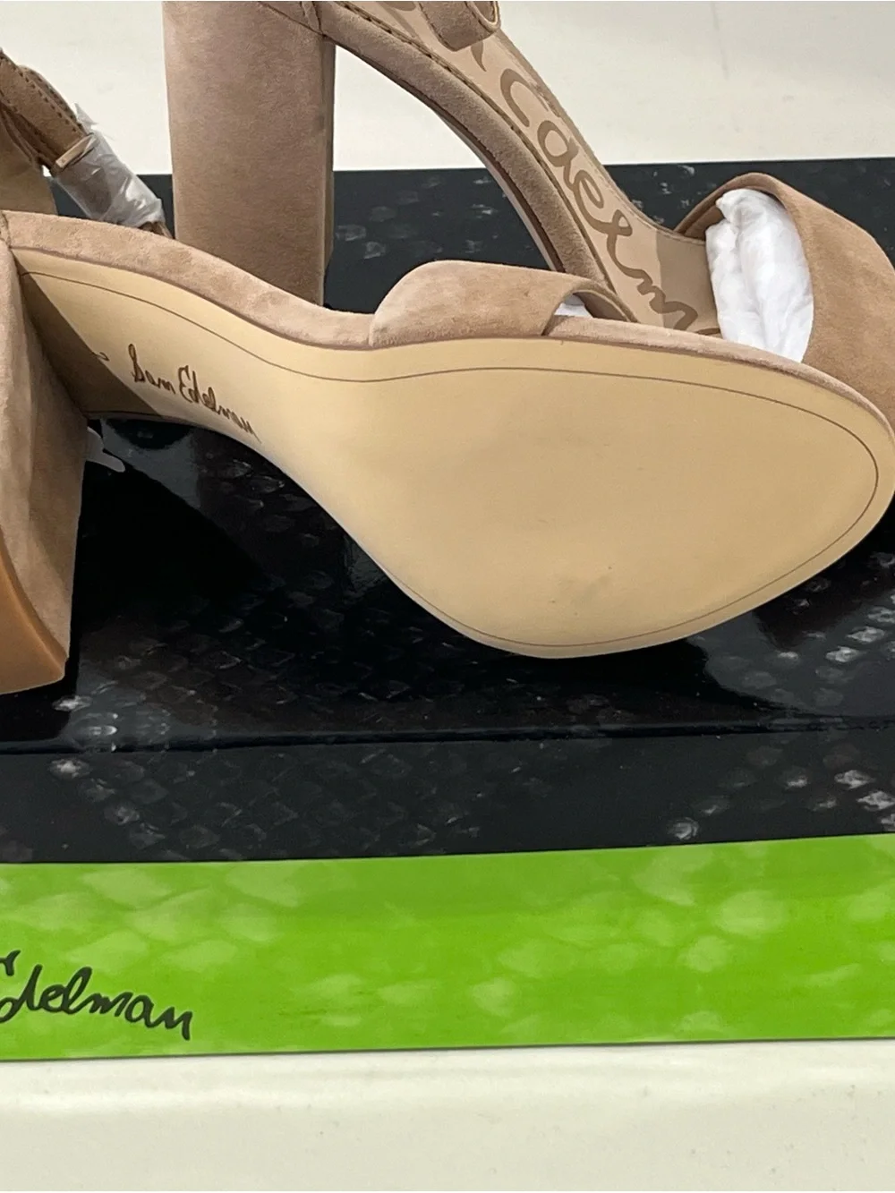 Sam Edelman Taupe Suede Ankle Tie Block Heel Sandals